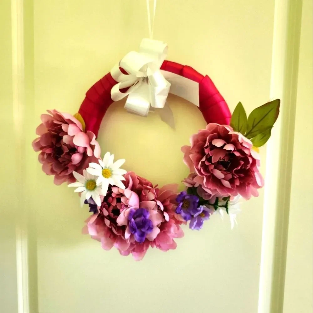 Hand Crafted Pink Peony Daisy Floral Wreath Summer Door Wall Decoration